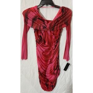 AFRM Women's Ruched Long Sleeve Off the Shoulder Floral Mesh Bodycon Dress S